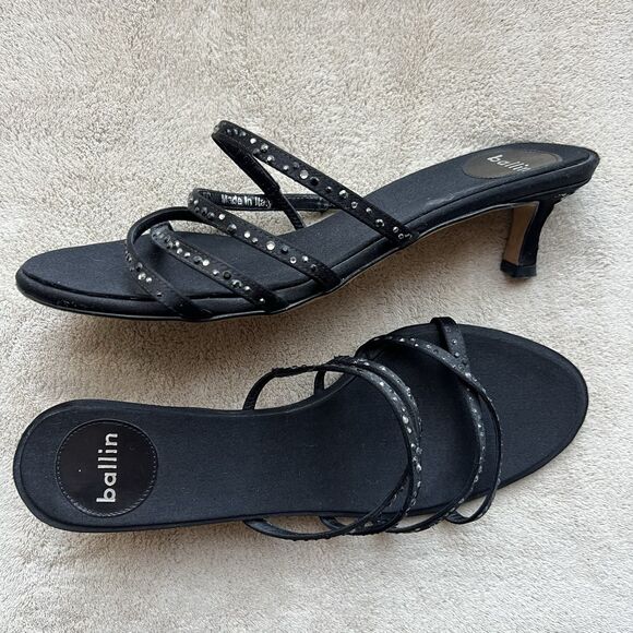 Ballin Black Satin & Rhinestones Slide Strappy Sandal Women EU 35 US 5 Low Heel - Picture 16 of 16